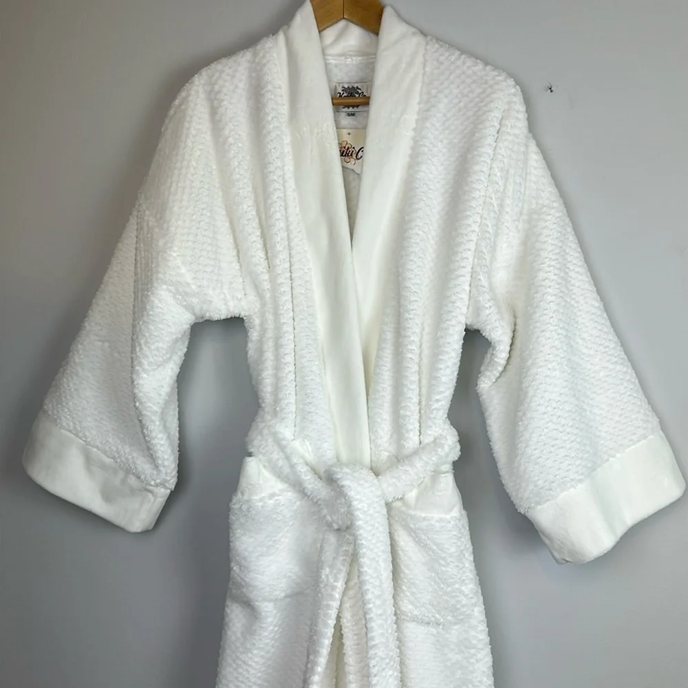 NEW Keiki Co. Luxury Long Spa Robe SM White Plush Kimono Style Bathrobe USA Made - Picture 4 of 16
